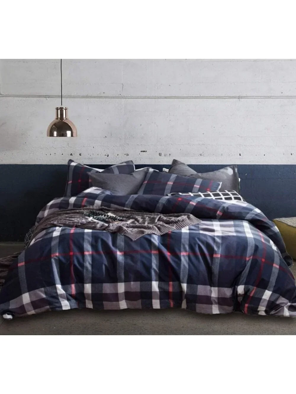 Navy Blue Plaid Comforter Set Full - Vintage Buffalo Check Bedding for Teen Boys